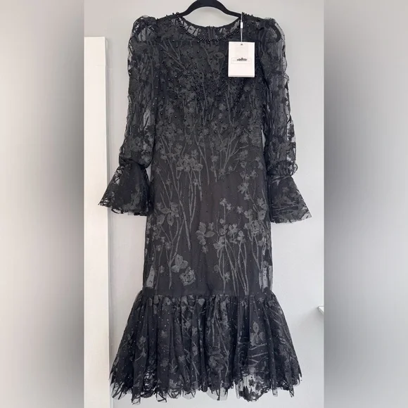 MAC DUGGAL Black Ruffle Wrist Embellished High Neck Midi size 6 - Picture 5 of 14